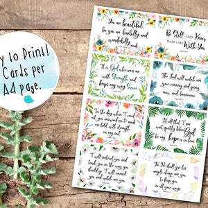 May include: Eight printable cards with floral and tropical designs featuring inspirational quotes and bible verses. The cards are easy to print on A4 paper.