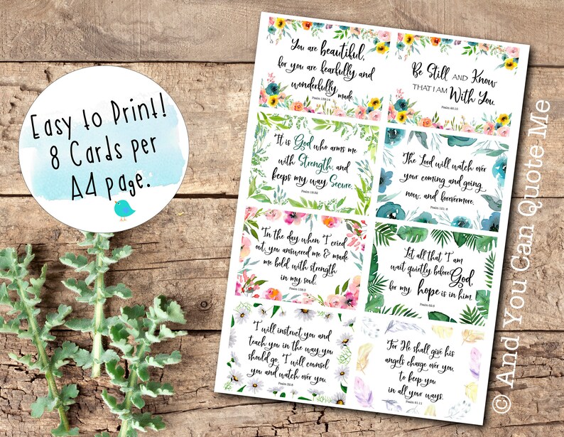 May include: Eight printable cards with floral and tropical designs featuring inspirational quotes and bible verses. The cards are easy to print on A4 paper.