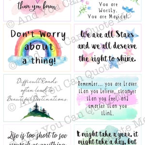 Puede incluir: Cinco tarjetas coloridas con citas inspiradoras. La primera tarjeta tiene un fondo de acuarela rosa con el texto "Eres m&aacute;s hermosa de lo que crees." La segunda tarjeta tiene un fondo de acuarela azul con el texto "En caso de que hayas olvidado hoy... Importas. Eres amada. Eres digna. Eres m&aacute;gica." La tercera tarjeta tiene un fondo de acuarela arco&iacute;ris con el texto "&iexcl;No te preocupes por nada!" La cuarta tarjeta tiene un fondo de acuarela rosa y azul con el texto "Todos somos estrellas y todos merecemos el derecho a brillar." La quinta tarjeta tiene un fondo de acuarela verde con el texto "Los caminos dif&iacute;ciles a menudo conducen a hermosos destinos."