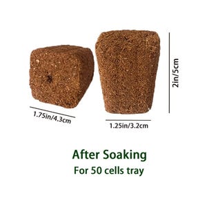 May include: Two brown seed starting plugs. One is square, measuring 1.75 inches (4.3 cm) wide. The other is cylindrical, 1.25 inches (3.2 cm) wide and 2 inches (5 cm) tall. Text reads "After Soaking For 50 cells tray."