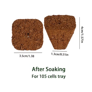 May include: Two brown, compressed soil blocks, one square and one trapezoid, with dimensions in cm and inches. The text "After Soaking" and "For 105 cells tray" is below the blocks. These are likely for seed starting.