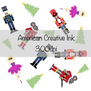 Może przedstawiać: Powtarzający się wzór z ilustracjami dziadków do orzechów, choinek i baletnic. Dziadki do orzechów mają czerwone, niebieskie i szare mundury. Obecny jest również tekst "American Creative Ink" i "300dpi".