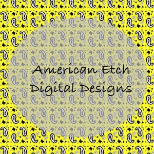 May include: A digital design featuring a yellow background with a black and white paisley pattern. A large, light yellow oval in the center contains a gray paisley pattern and the text "American Etch Digital Designs" in black.