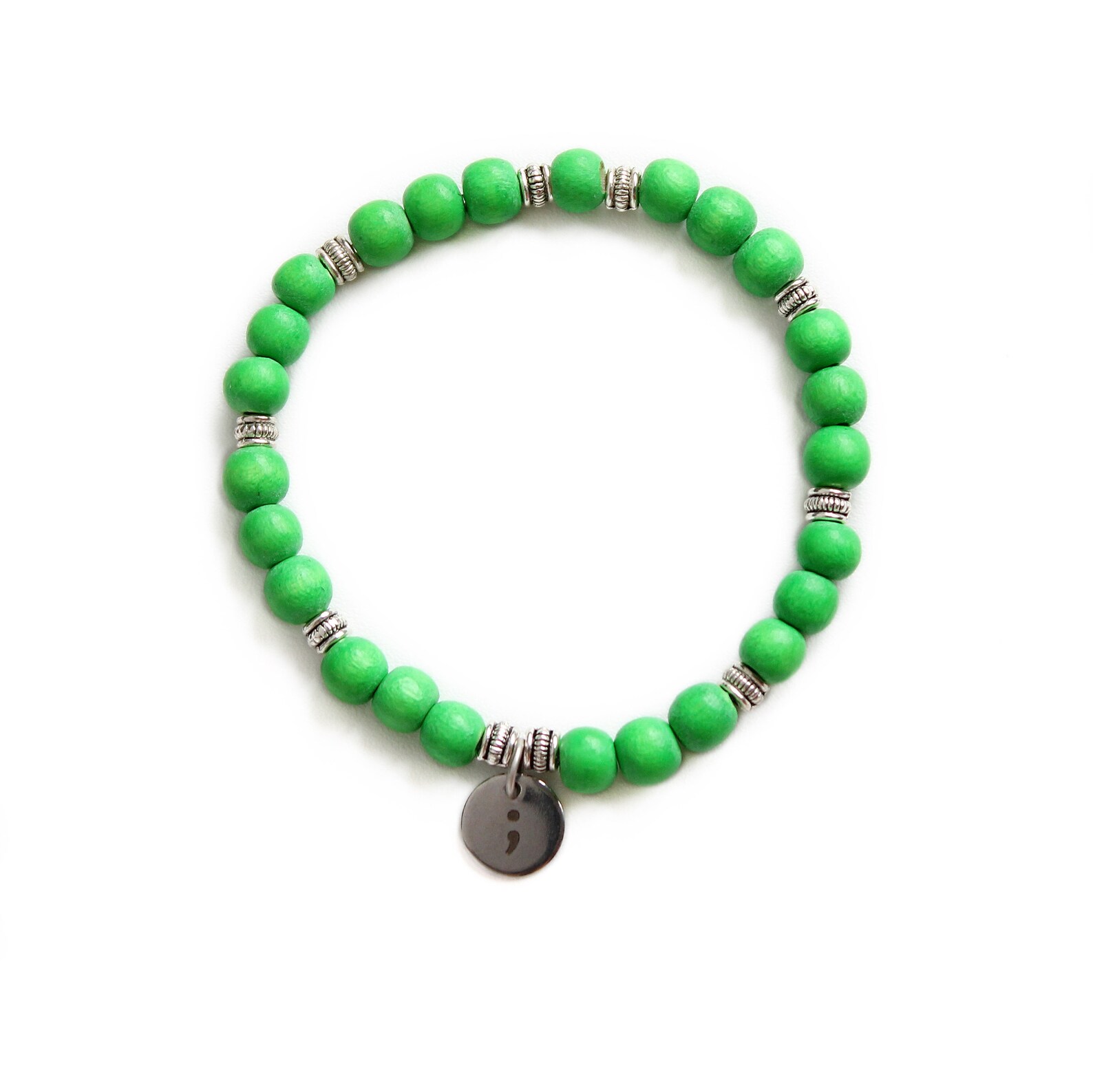 Mental Health Awareness Bracelet Green Beaded Bracelet Semi Colon Charm