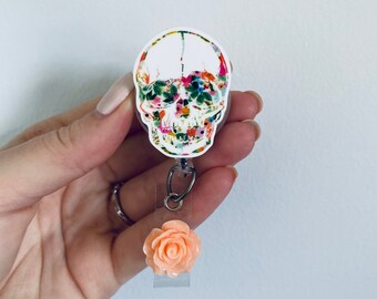 Floral Skull Retractable Badge Reel: Nurse Doctor Medical ID