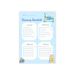 Könnte beinhalten: Ein hellblaues Reinigungs-Checklisten-Blatt mit der Überschrift Cleaning Checklist und vier Abschnitten für Kitchen, Bathroom, Bedroom und General. Das Design enthält Illustrationen von Putzutensilien, Seifenblasen und einem gelben Warnschild.