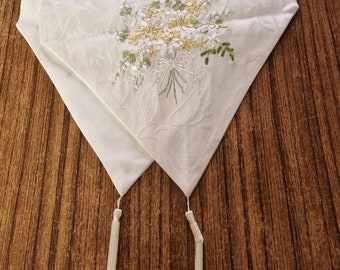 Silk Ribbon Embroidered Table Runner - Ivory Damask, Vintage