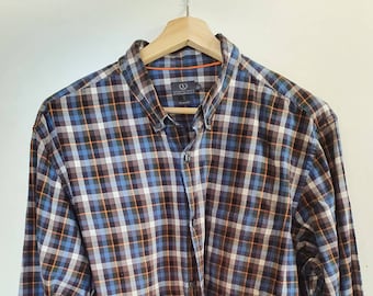 Vintage Mens SPORTSCRAFT Blauw/Zwart/Wit/Oranje Check Shirt met lange mouwen Maat XL