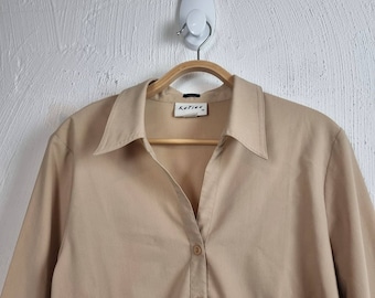 Vintage KATIES Womens Top Size 16 Beige Stretch Long Sleeve Collared Button-Up