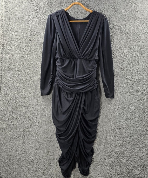 Vintage Aurelie Black Pencil Dress, Ruched Knit Midi, Size 12 Vintage Aurelie Black Pencil Dress, Ruched Knit Midi, Size 12