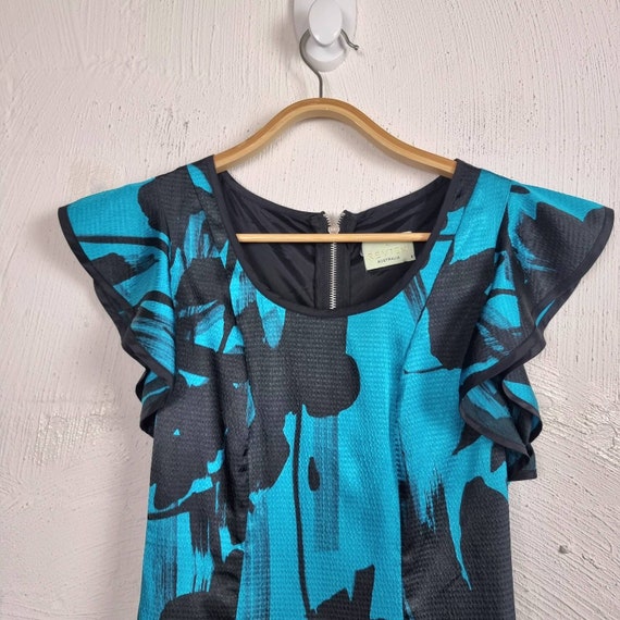 Vintage REVIEW Womens Dress Size 8 Teal Blue/Black Floral Short Sleeve A-line