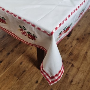 Vintage Appliqued Embroidered  Linen/Cotton Red White Check Apples  Square Tablecloth -  85cm x 85cm