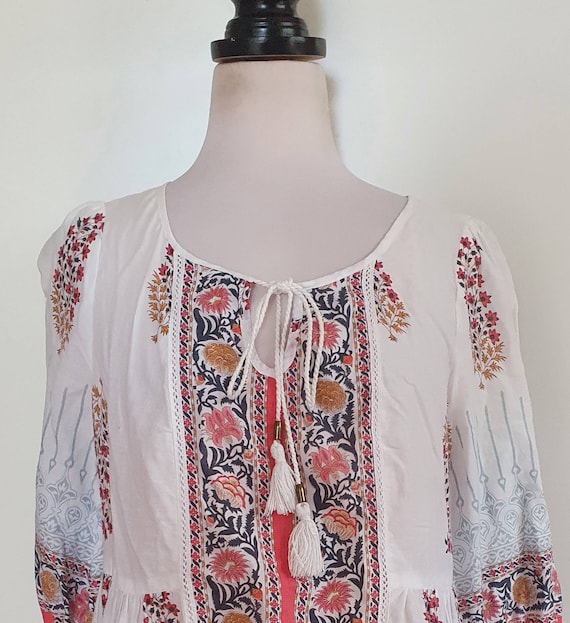 SUSSAN Womens White/Pink Peasant Top Size 12 - Gem