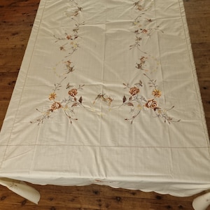 Vintage Floral Embroidered Cotton Rectangle Tablecloth - Cream/Brown/Orange -  166cm x 212cm