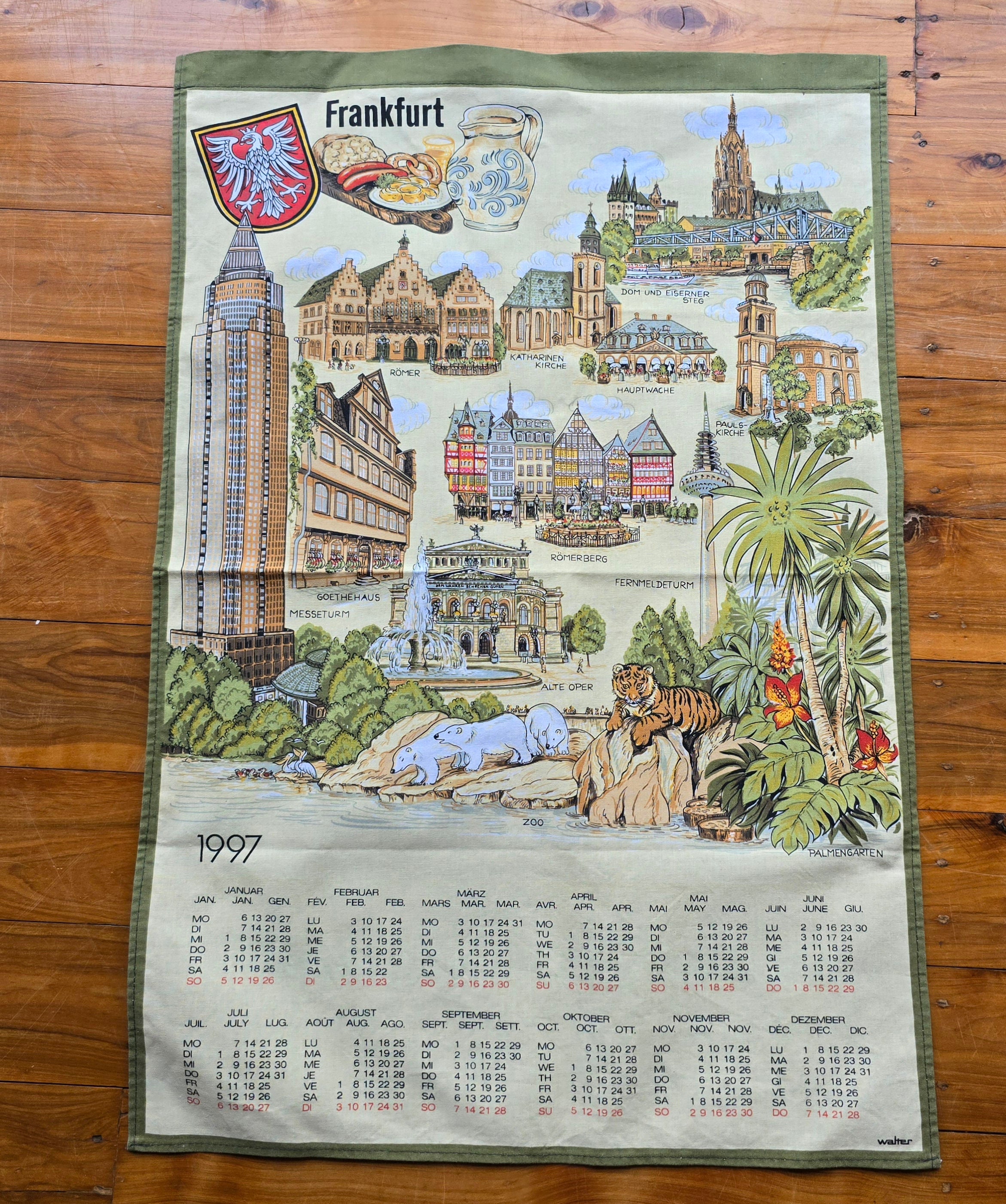 Vintage Tea Towel Wall Hanging - Frankfurt - 1997 Calendar