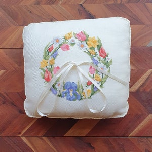 Handmade Embroidered Cross Stitch Flower Vintage Cushion Shabby Chic