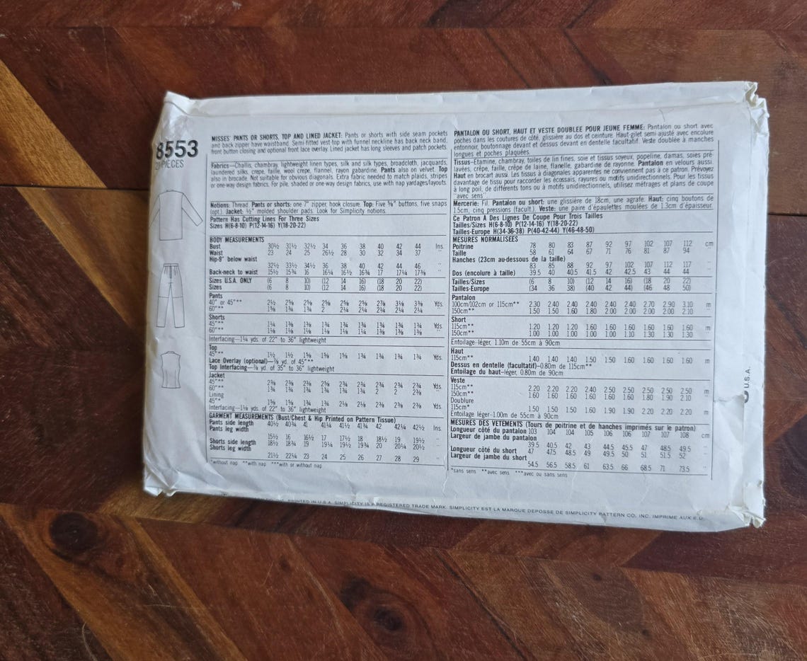 Vintage SIMPLICITY Pattern 8553 Ladies Jacket Top Pants Shorts Sizes 12 ...