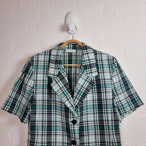 Vintage KATIES Womens Top Jacket Size 12 Navy/Blue/Green Check Linen Blend