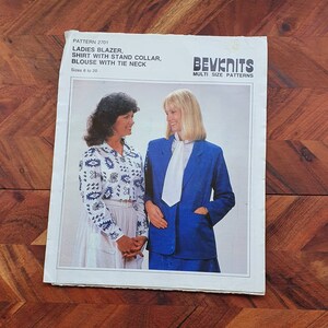 May include: A sewing pattern for a blazer, shirt, and blouse. The pattern is for sizes 8 to 20. The pattern is from Bevknits Multi Size Patterns.