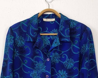 Vintage D.I.O Bright Blue/Green Floral Long Sleeve Blouse Top Size 10