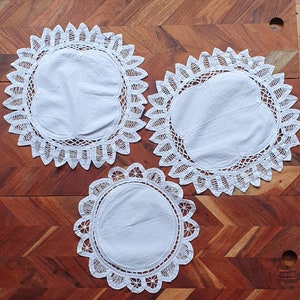 Set of 3 White Battenburg Lace and Cotton Linen Doilies