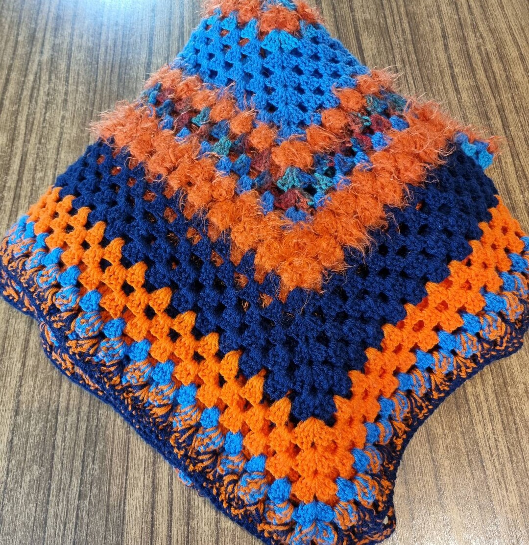 Beautiful Handmade Crochet Throw Blanket Rug Unique Bright Orange/blue