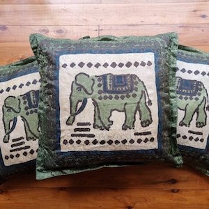 Jim Thompson Silk Elephant Print Green Cream Brown- Square Cushion with Filling  - Matching Set of 3 - 40cm x 40cm