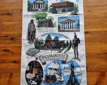 Vintage Tea Towel - Historic Plymouth - Massachusetts - Linen