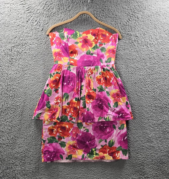 Gorgeous Vintage Review Womens Pencil Dress Size 10 Pink Floral Sleeveless Sweetheart Neck Layered