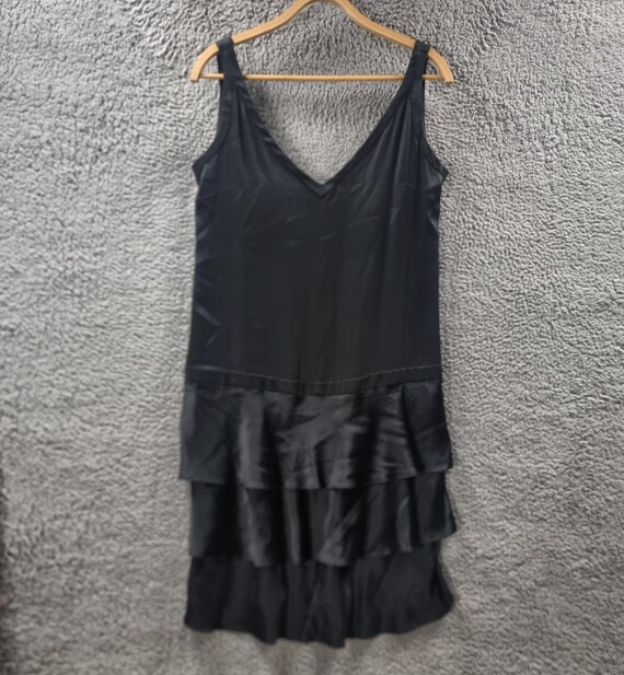 Vintage Black Satin Drop Waist Dress, Sleeveless V-Neck, Size 12