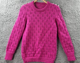 Hand Knitted Womens Jumper Size 8 Magenta Long Sleeve Round Neck