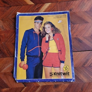 May include: A vintage knitting pattern featuring a man and woman wearing matching red, blue, and yellow athletic outfits. The pattern is titled "Unisex Techno Sports" and is from Knitwit Classes Fabrics Patterns.
