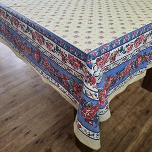 Vintage Floral Cotton Rectangle Tablecloth - Cream Blue Pink -  154cm x 256cm