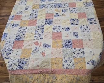 Edredón de patchwork hecho a mano - Shabby Chic - Floral azul, rosa, amarillo y marfil - 160 cm x 200 cm