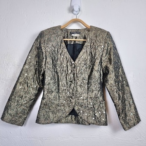 Jaqueta feminina vintage SUSAN COLE tamanho 10 dourada/preta lantejoulas acolchoadas manga comprida