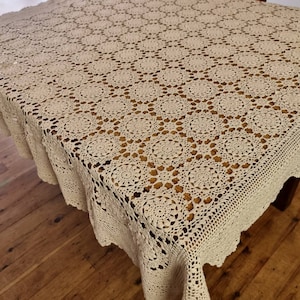 Gorgeous Vintage Square Hand Crochet Taupe Tablecloth - 160cm x 160cm
