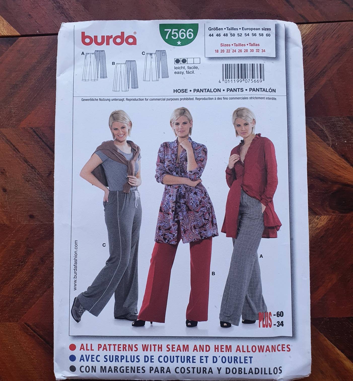 BURDA Pattern 7566 Womens Pants Sizes 18-34