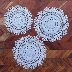 Set of 3 Finely Crocheted White Round Vintage Doilies