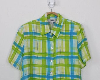 Vintage LAUNDRY Womens Bright Green/Blue Check Short Sleeve Shirt Size 12