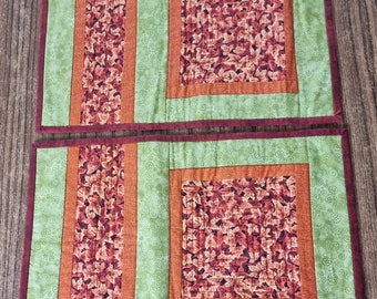 Handmade Patchwork Placemats - Green Orange Red, Set of 2