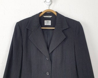 Vintage LAURA ASHLEY Carbón Lana Gris Longline Chaqueta Blazer Talla 10