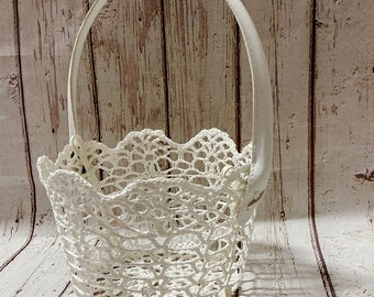 Handmade stiffened crochet lace flower girl basket