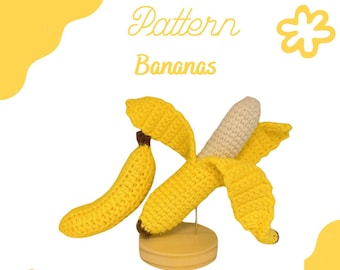 May include: Crochet pattern for a yellow banana. The pattern includes instructions for making a banana with a peel and a separate banana. The pattern is available for download on Etsy.