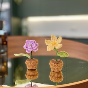 Può includere: Due vasi di fiori all'uncinetto, uno con un fiore viola e l'altro con un fiore giallo, sono esposti su un vassoio di legno con una superficie a specchio.