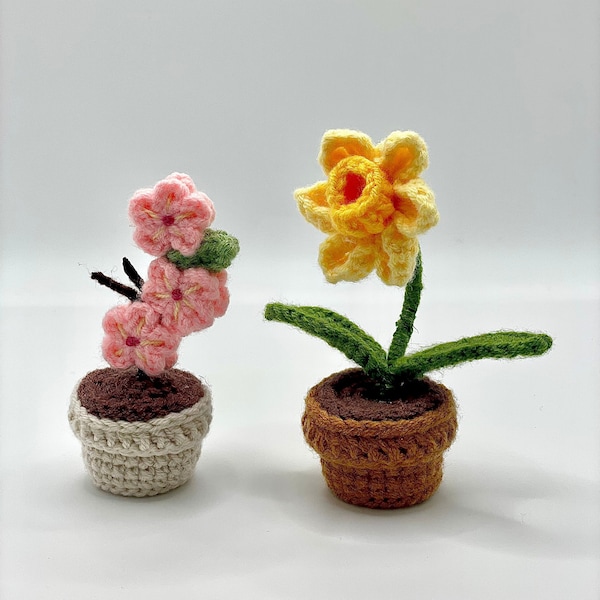 March Birth Flower Crochet Collection: Crocheted Potted Sakura Cherry Blossom, Daffodil, or Both! Gift Set with Message Option!