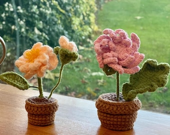 Crochet November Birth Flower Set – Chrysanthemum & Peony – Handmade Birthday Gift, Crochet Potted Flower Ornament