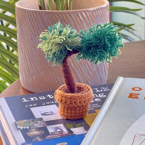May include: A small, crocheted potted plant with a brown pot and two green yarn pom-poms for leaves. The plant is sitting on a book with the word "inst" visible.