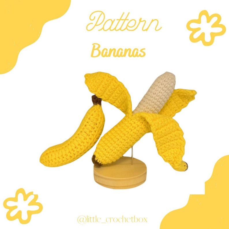 May include: Crochet pattern for a yellow banana. The pattern includes instructions for making a banana with a peel and a separate banana. The pattern is available for download on Etsy.