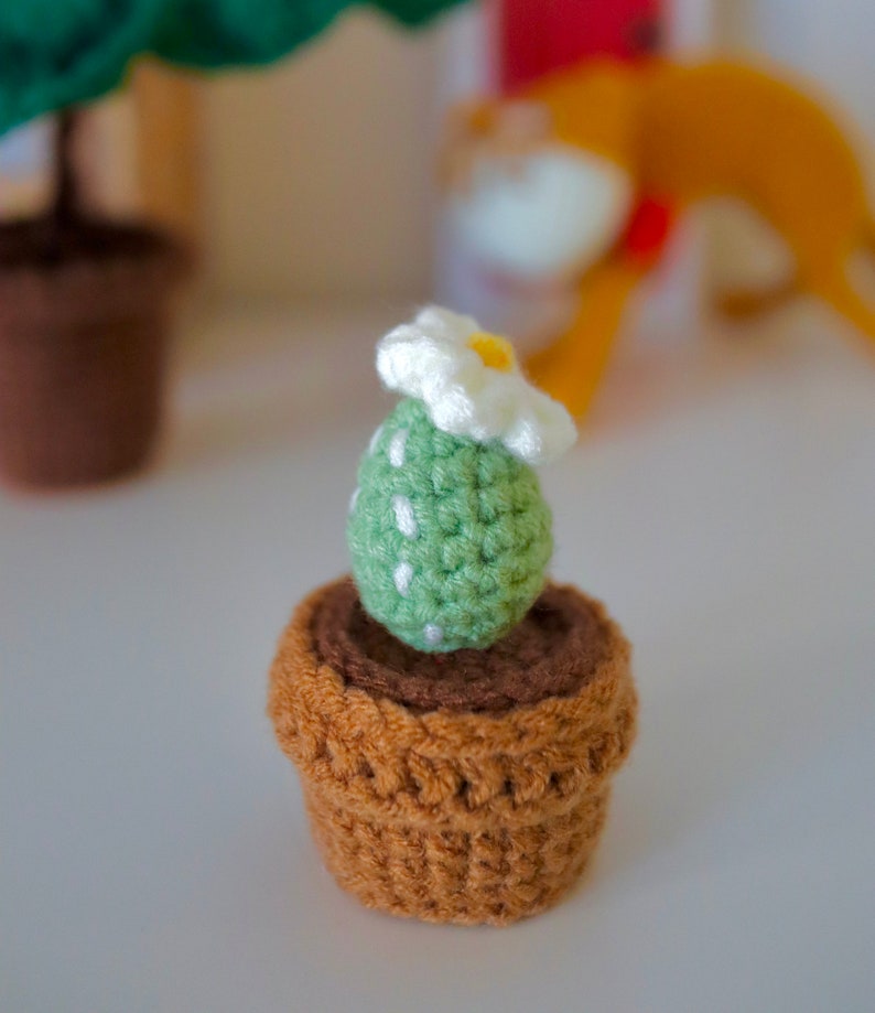 May include: A small crocheted cactus plant with a white flower, potted in a brown crocheted pot.
