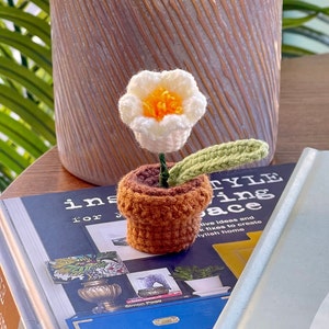 May include: A crocheted flower in a brown pot with a green leaf. The flower is white with a yellow center. The pot is sitting on a book with the text "Style Living Space".